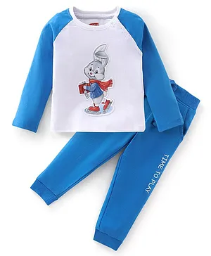 Babyhug Cotton Single Jersey Full Sleeves T-Shirt and Lounge Pant Set Bunny Print - Blue
