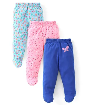 Babyhug Cotton Full Length Bootie Leggings Polka Dots & Floral Printed Pack of 3 - Pink & Blue
