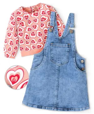Ollington St. Full Sleeves Top with Heart Print and Stretchable Denim Pinafore - Multicolor
