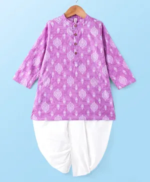 Babyhug 100% Cotton Knit Ethnic Printed Full Sleeves Kurta with Dhoti Set - Purple