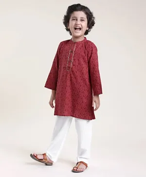 Babyhug Cotton Woven Full Sleeves Ajrakh Printed Kurta & Pajama Set - Red & White
