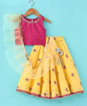 Babyhug Woven Sleeveless Choli & Lehenga Set with Dupatta & Floral Embroidery - Pink & Yellow