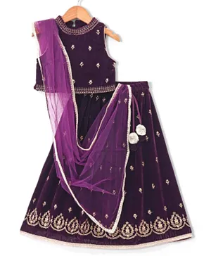 Babyhug Sleeveles Velvet Embroidered Choli With Lehenga & Dupatta - Purple