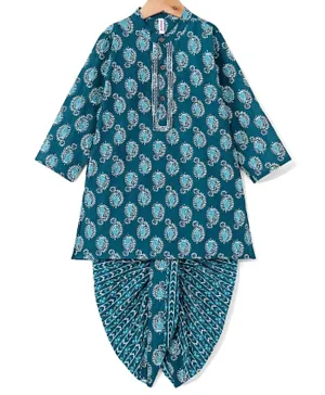 Babyhug 100% Cotton Knit Ethnic Printed Dhoti with Full Sleeves Kurta Set - Navy Blue