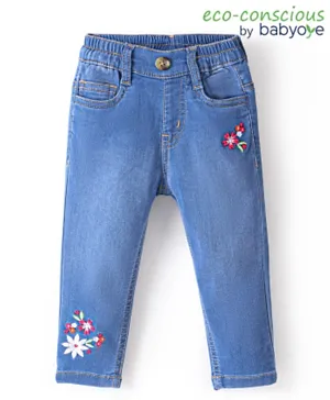 Babyoye Denim Full Length Jeans Floral Embroidery- Blue