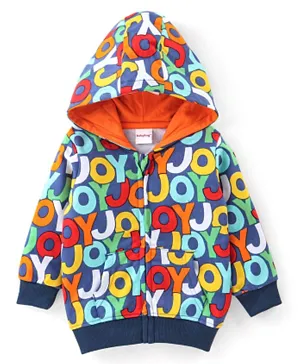 Babyhug Cotton Knit Full Sleeves Hooded Sweatjacket with Zipper & Text Print - Navy Blue