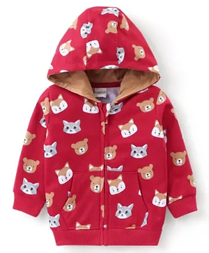 Babyhug Cotton Knit Full Sleeves Sweatjacket With Zipper & Hood Animals Print - Red