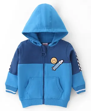 Babyhug Cotton Full Sleeves Cut & Sew Sweat Jacket With Zipper & Hood Detailing Smiley Patch- Blue