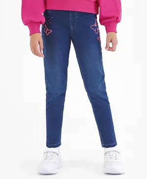 Primo Gino Cotton Elastane Full Length Denim Jeans with Floral Embroidery - Blue