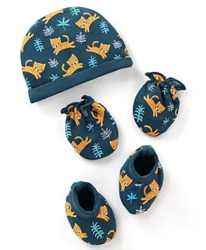 Babyhug 100% Cotton Knit Leopard Printed Cap Mittens & Booties Set - Green