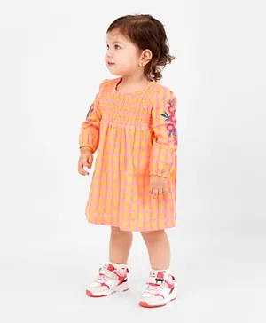 Bonfino Cotton Blend Dress with Floral Embroidery Detail on Sleeves -Peach