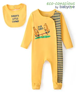Babyoye 100% Cotton Interlock Knit Full Sleeves Sleepsuit With Bib Giraffe Print - Yellow