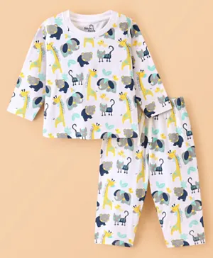 Doodle Poodle 100% Cotton Full Sleeves Jungle Animals Printed Night Suit - White