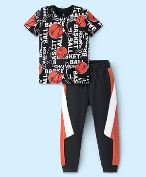 Ollington St. 100% Cotton Half Sleeves T-Shirt With Knit Joggers All Over Printed Print - Black