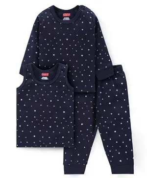 Babyhug Full Sleeves Star Printed Vest Pullover &   Thermal Pant Set - Navy Blue