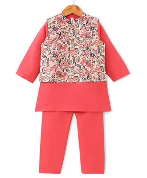 Babyhug 100% Cotton Knit Full Sleeves Kurta Pyjama Set with Printed Jacket - Peach