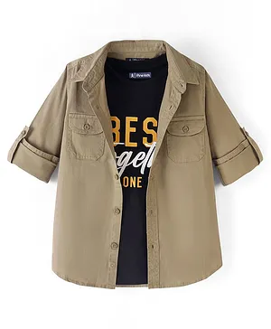 Pine Kids Cotton Woven Full Sleeves Double Flap Pocket Shirt with Inner Tee- Beige