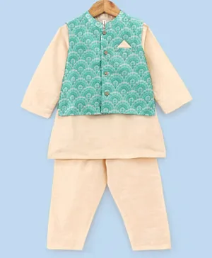 Babyhug 100% Cotton Woven Full Sleeves Solid Kurta Pyjama Set with Floral Printed Jacket - Beige
