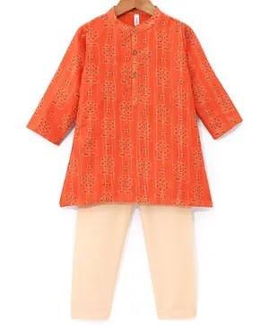 Babyhug 100% Cotton Full Sleeves Lurex Printed  Kurta Pyjama Set - Orange