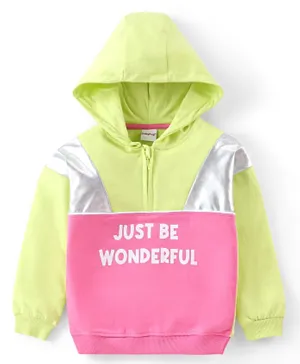 Babyhug Cotton Knit Full Sleeves Cut & Sew Sweatshirt With Hood & Metallic Fabric Text Print - Green & Pink
