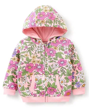 Babyhug Cotton Knit Full Sleeves Printed Sweatjacket With Zipper & Hood Floral Print - Light Pink
