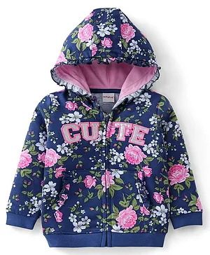 Babyhug Cotton Knit Full Sleeves Hooded Sweat Jacket with Zipper & Floral Print - Navy Blue