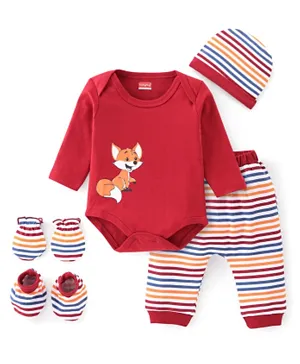Babyhug 100% Cotton Interlock Knit Full Sleeves Onesies With Leggings Cap & Mittens Booties Stripes & Fox Print - Red