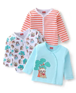 Babyhug 3 Pack 100% Cotton Knit Full Sleeves Front Open Vest Sloths Print - Multicolour