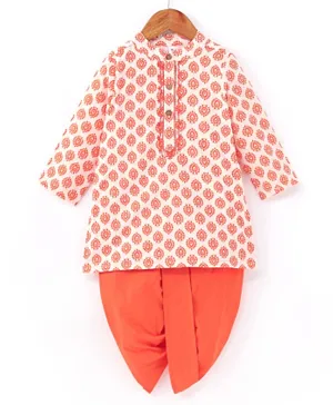 Babyhug Cotton Woven Full Sleeves Kurta & Dhoti Set Ajrakh Print - Orange