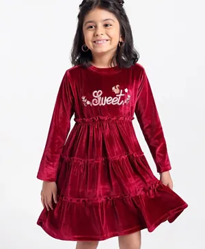 Babyhug Vellore Full Sleeves Text Embroidered Dress - Red