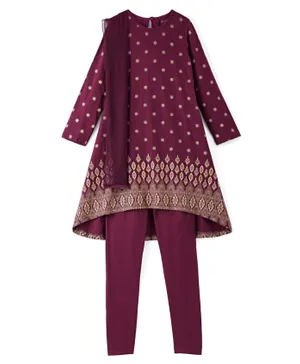 EARTHY TOUCH 100% Cotton Knit Full Sleeves Foil Printed Kurti with Leggings & Dupatta Set - Maroon