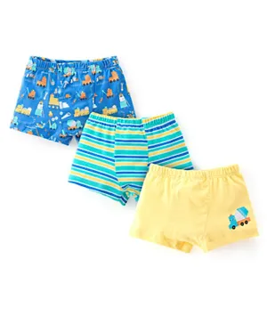 Babyhug 100% Cotton Single Jersey Knit Trunk Stripes & Construction Vehicle Print Pack of 3 - Yellow & Blue