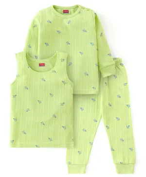 Babyhug Cotton Full Sleeves Vest Pullover & Bottom Thermal Wear Combo Pack Of 3 Paper Plane Print - Sunny Lime