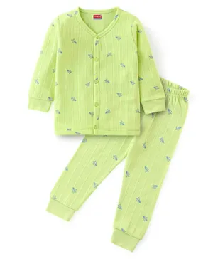 Babyhug Thermal Full Sleeves Airplane Printed Vest & Pants Set - Lime Green