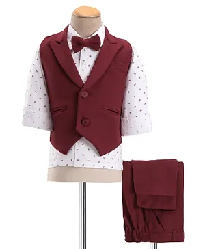 Babyhug Woven Full Sleeves Three Piece Solid Colour Party Suit with Bow - Maroon