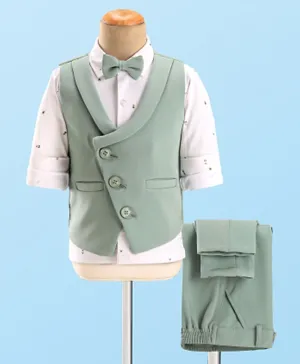 Babyhug Woven Full Sleeves Stretch Fit Party Suit With Waist Coat & Bow - Light Green