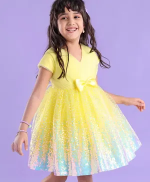 Babyhug Half Sleeves Sequinned Party Frock with Sequin Detailing & Bow Applique - Yellow