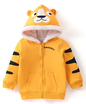 Babyhug 100% Cotton Knit Full Sleeves Sweatjacket With Hood & Tiger Print - Yellow