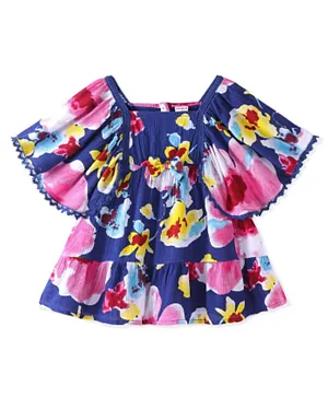 Babyhug Rayon Half Sleeves Frock Floral Print with Lace & Bow Detailing- Blue