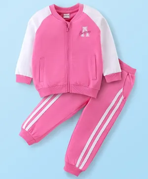 Babyhug 100% Cotton Knit to Knit Full Sleeves Text Printed Jacket and Joggers -Pink