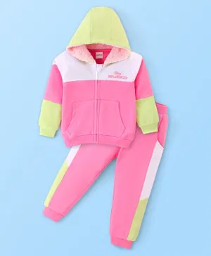 Babyhug 100% Cotton Knit Full Sleeves Colour Block Hooded Sweatjacket & Lounge Pant Set - White & Pink