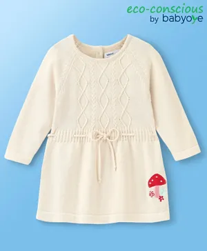 Babyoye 100% Cotton Full Sleeves Woolen Dress With Cable Knit & Mushroom Embroidery - White