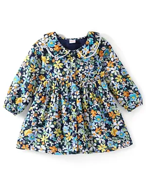 Babyhug Rayon Woven Full Sleeves Floral Printed Frock with Frill Detailing - Navy Blue