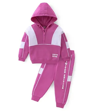 Babyhug 100% Cotton Knit Full Sleeves Hoodie & Lounge Pants Set With Text Print - Violet