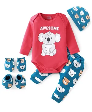 Babyhug 100% Cotton Full Sleeves Graphic Onesies with Leggings & Cap Mittens Booties - Red & Blue