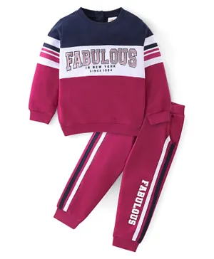 Babyhug 100% Cotton Knit Full Sleeves Sweatshirt & Lounge Pants Set With Text Print - Maroon & Navy Blue