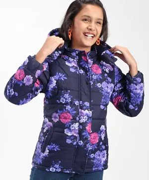 Pine Kids Full Sleeves Hooded Flower Printed Heavy Winter Jacket - Purple