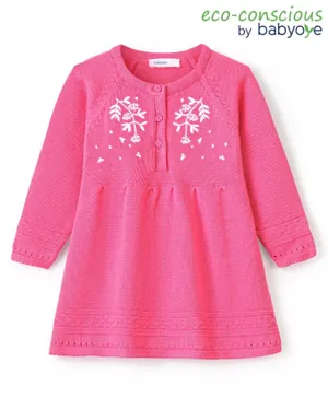 Babyoye Eco Conscious 100% Cotton Full Sleeves Woolen Dress with Floral Design - Fuchsia