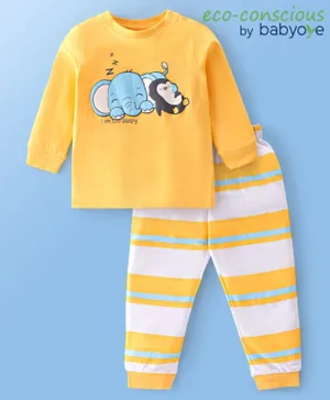 Babyoye 100% Cotton with Antibacterial Finish Full Sleeves Night Suit Elephant Printed - Yellow