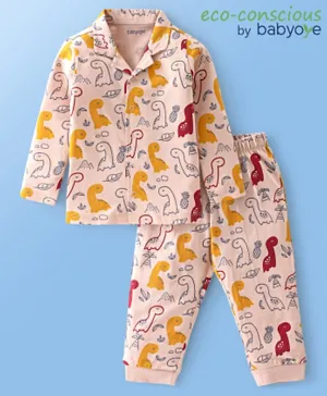 Babyoye 100% Cotton Full Sleeves Night Suit With Antibacterial Finish Dino Print - Peach